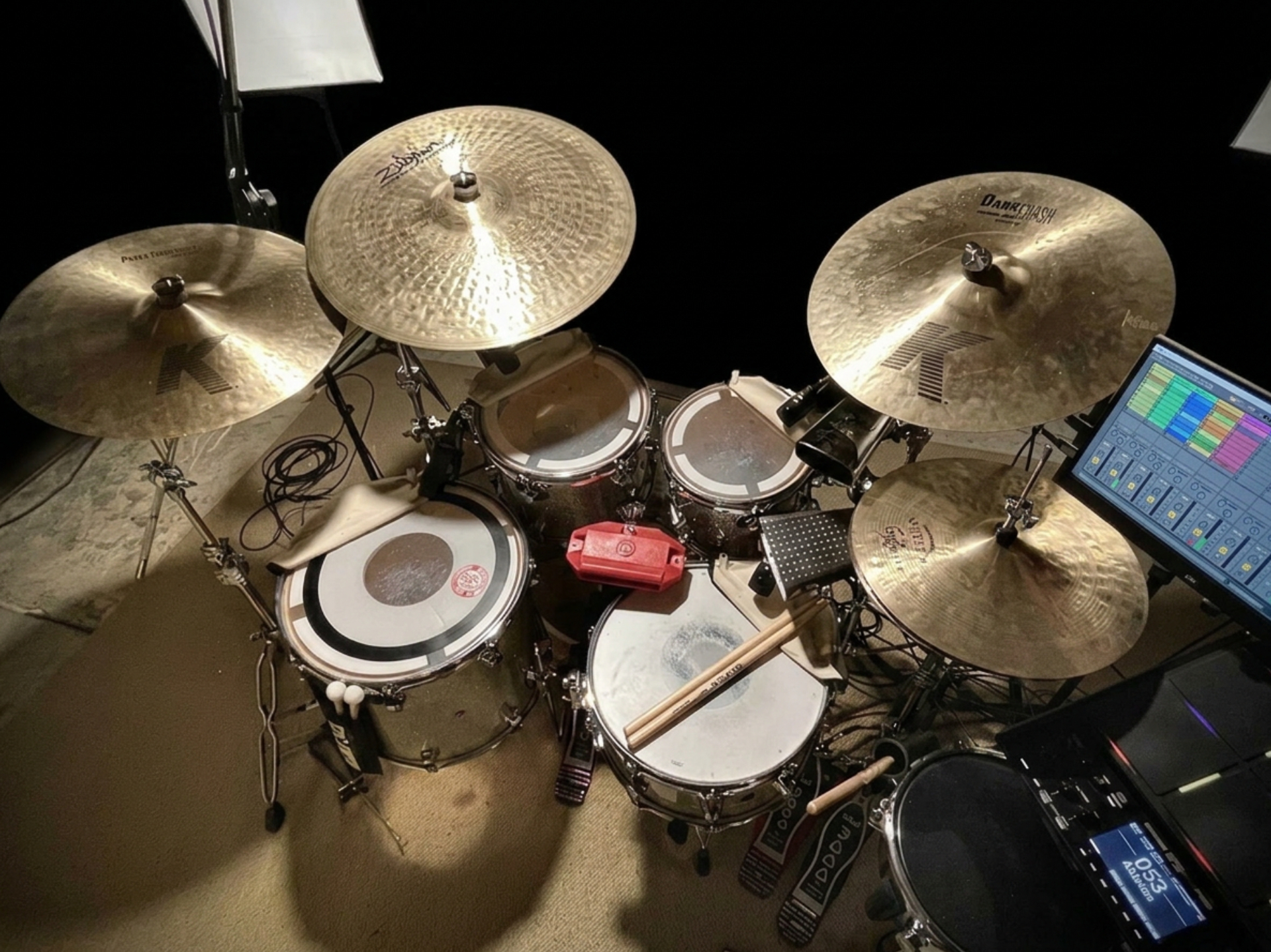 Overhead view of the drum setup